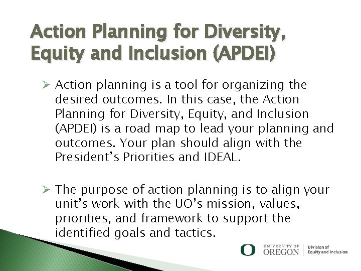Action Planning for Diversity, Equity and Inclusion (APDEI) Ø Action planning is a tool