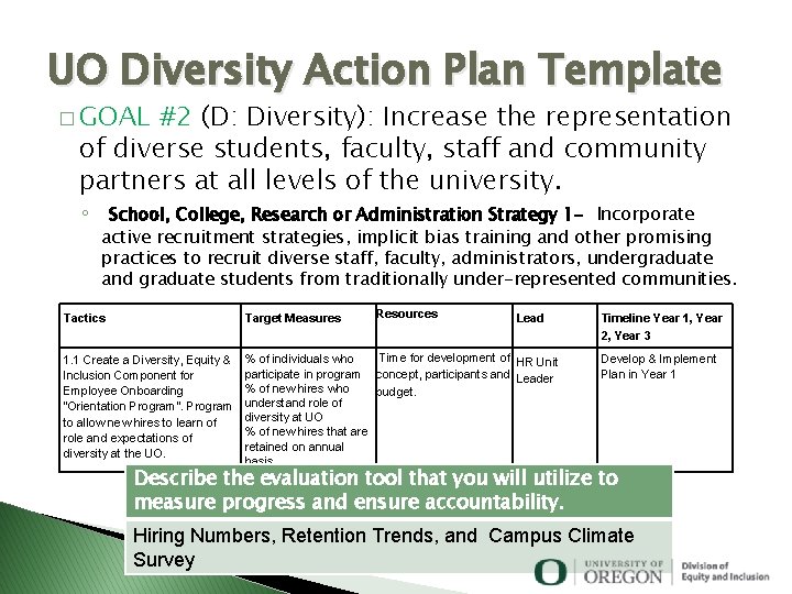 UO Diversity Action Plan Template � GOAL #2 (D: Diversity): Increase the representation of