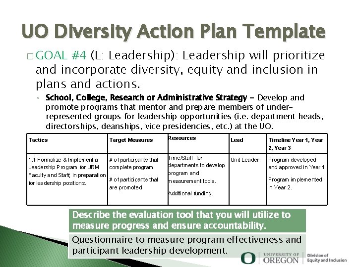 UO Diversity Action Plan Template � GOAL #4 (L: Leadership): Leadership will prioritize and