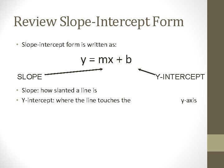 Review Slope-Intercept Form • Slope-intercept form is written as: y = mx + b