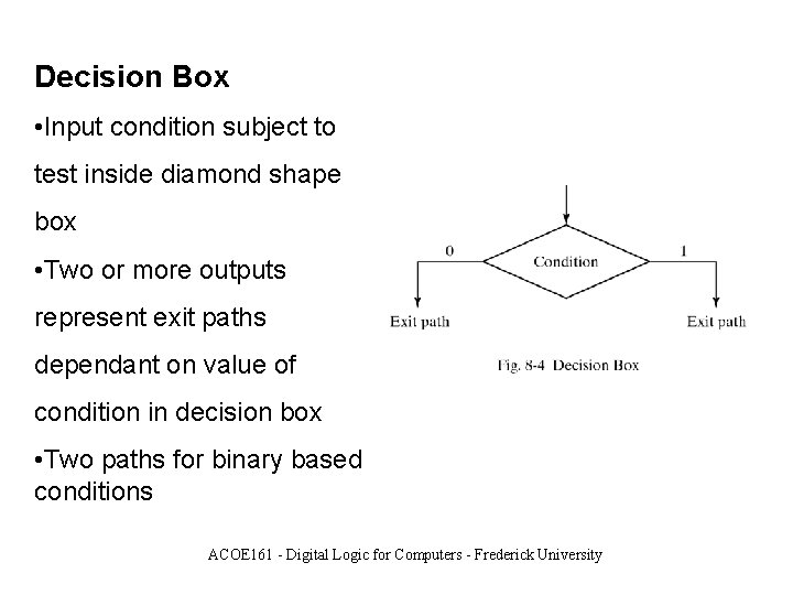 Decision Box • Input condition subject to test inside diamond shape box • Two