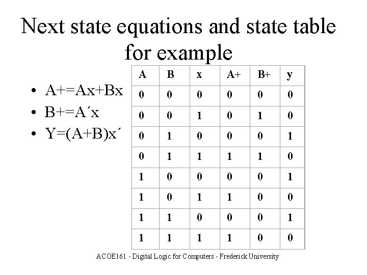 Next state equations and state table for example • A+=Ax+Bx • B+=A΄x • Y=(A+B)x΄