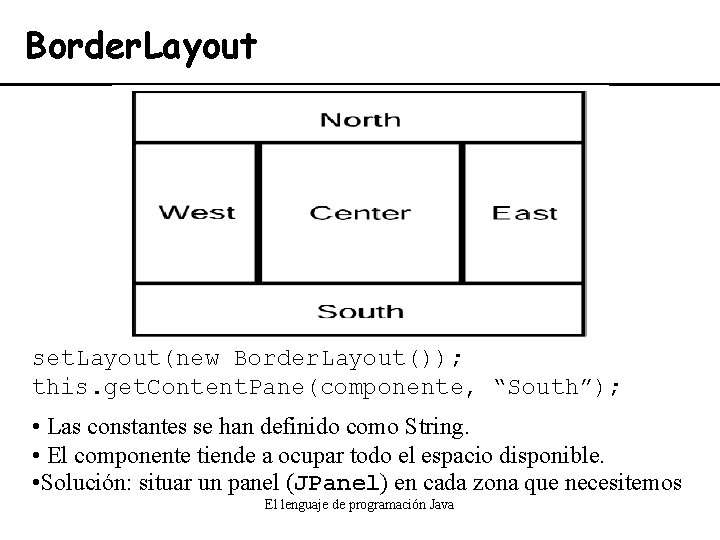 Border. Layout set. Layout(new Border. Layout()); this. get. Content. Pane(componente, “South”); • Las constantes