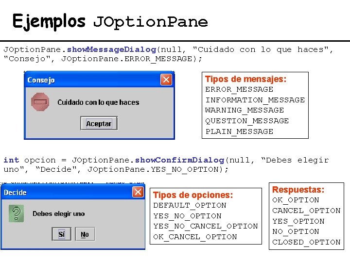 Ejemplos JOption. Pane. show. Message. Dialog(null, "Cuidado con lo que haces", "Consejo", JOption. Pane.