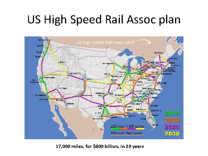 US High Speed Rail Assoc plan 17, 000 miles, for $600 billion, in 20