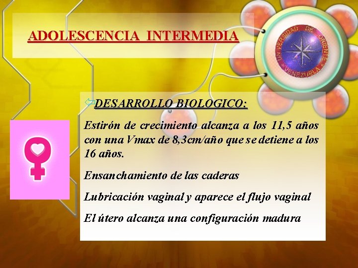 ADOLESCENCIA INTERMEDIA ïDESARROLLO BIOLOGICO: Estirón de crecimiento alcanza a los 11, 5 años con