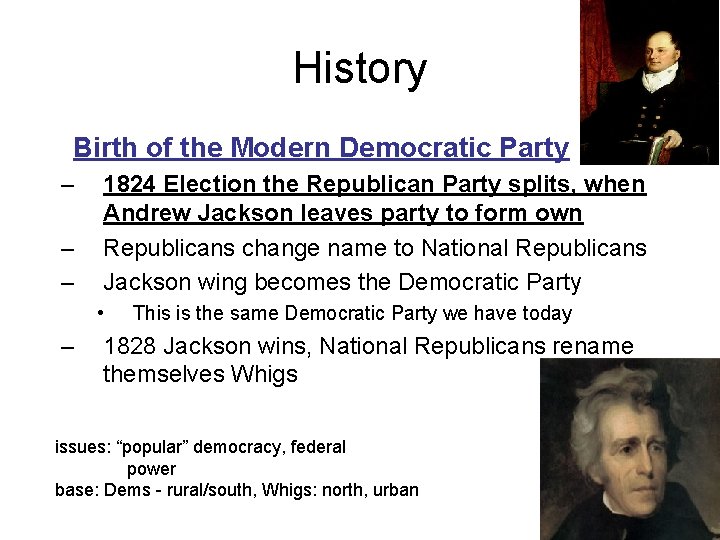 History Birth of the Modern Democratic Party – – – 1824 Election the Republican