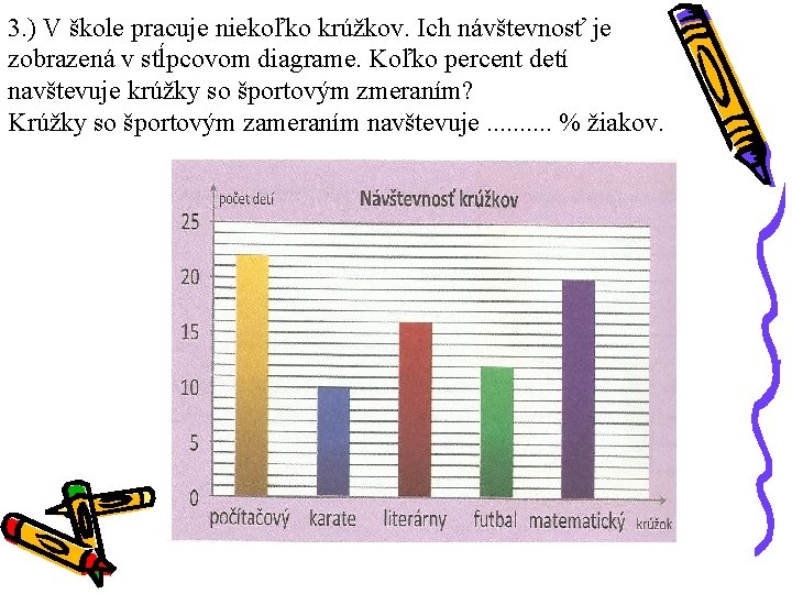 3. ) V škole pracuje niekoľko krúžkov. Ich návštevnosť je zobrazená v stĺpcovom diagrame. 3. ) V škole pracuje niekoľko krúžkov. Ich návštevnosť je zobrazená v stĺpcovom diagrame.