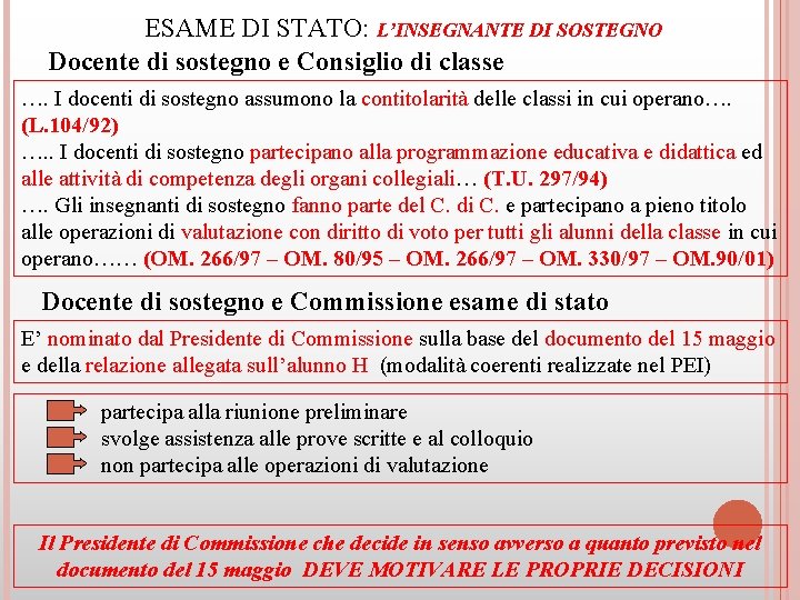 ESAME DI STATO: L’INSEGNANTE DI SOSTEGNO Docente di sostegno e Consiglio di classe ….