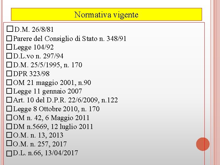 Normativa vigente �D. M. 26/8/81 �Parere del Consiglio di Stato n. 348/91 �Legge 104/92