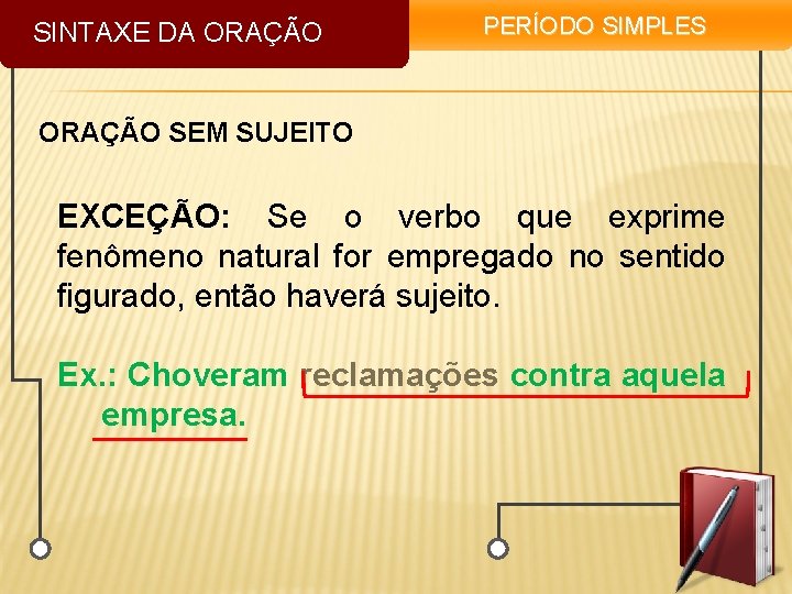 SINTAXE DA ORAÇÃO PERÍODO SIMPLES ORAÇÃO SEM SUJEITO EXCEÇÃO: Se o verbo que exprime