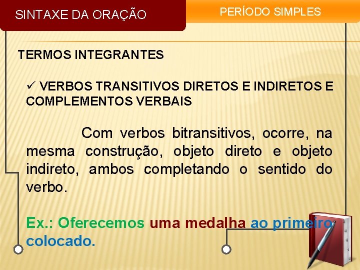 SINTAXE DA ORAÇÃO PERÍODO SIMPLES TERMOS INTEGRANTES ü VERBOS TRANSITIVOS DIRETOS E INDIRETOS E