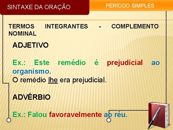 PERÍODO SIMPLES SINTAXE DA ORAÇÃO TERMOS NOMINAL INTEGRANTES - COMPLEMENTO ADJETIVO Ex. : Este