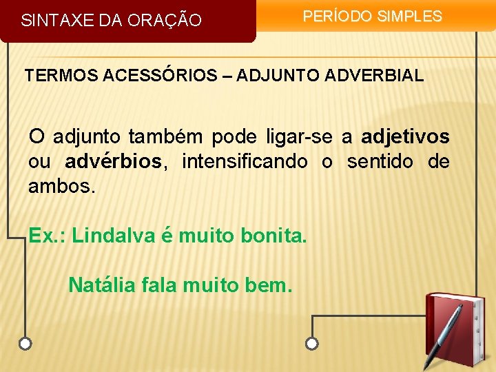 SINTAXE DA ORAÇÃO PERÍODO SIMPLES TERMOS ACESSÓRIOS – ADJUNTO ADVERBIAL O adjunto também pode