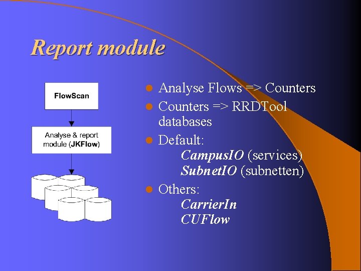 Report module Analyse Flows => Counters l Counters => RRDTool databases l Default: Campus. Report module Analyse Flows => Counters l Counters => RRDTool databases l Default: Campus.