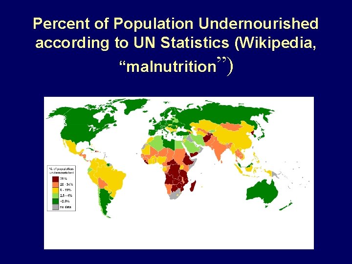 Percent of Population Undernourished according to UN Statistics (Wikipedia, “malnutrition”) 