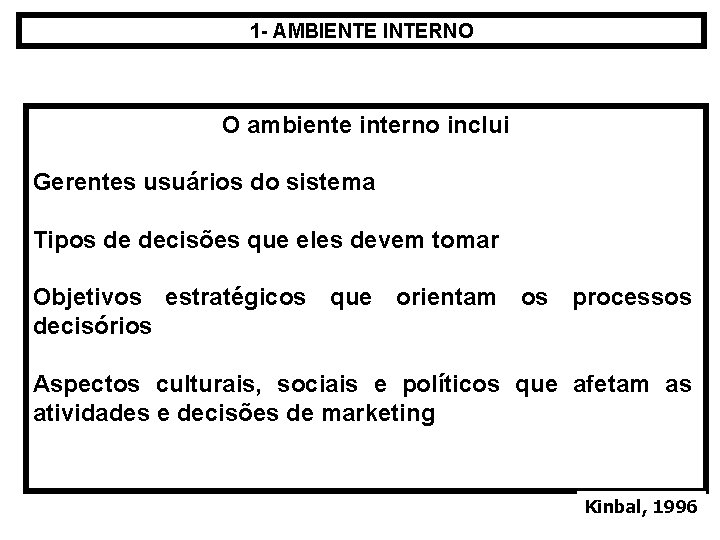 1 - AMBIENTE INTERNO O ambiente interno inclui Gerentes usuários do sistema Tipos de