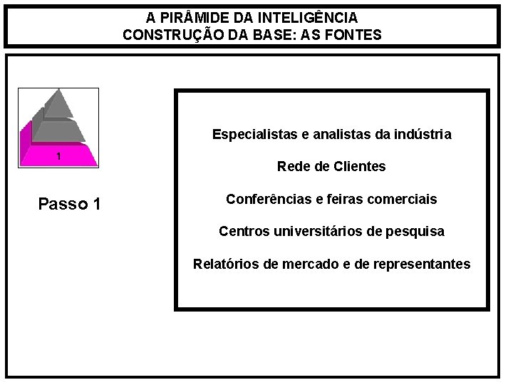 A PIR MIDE DA INTELIGÊNCIA CONSTRUÇÃO DA BASE: AS FONTES Especialistas e analistas da