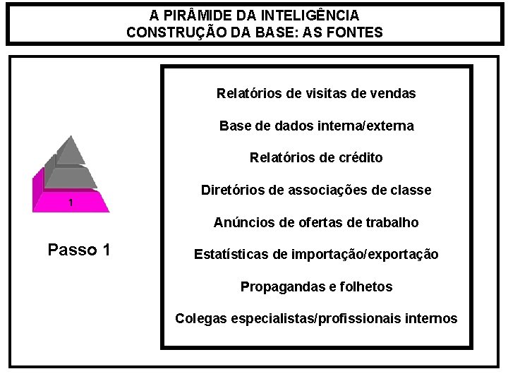 A PIR MIDE DA INTELIGÊNCIA CONSTRUÇÃO DA BASE: AS FONTES Relatórios de visitas de