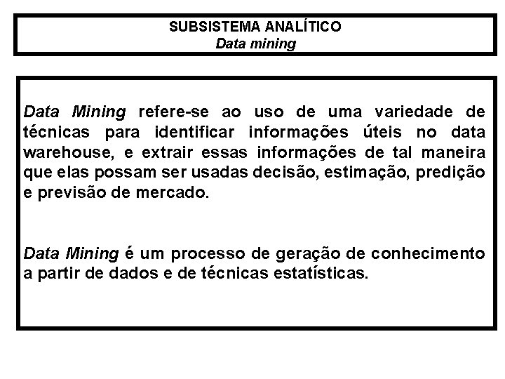 SUBSISTEMA ANALÍTICO Data mining Data Mining refere-se ao uso de uma variedade de técnicas