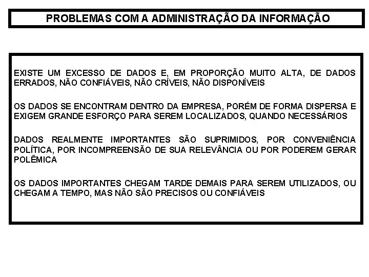  PROBLEMAS COM A ADMINISTRAÇÃO DA INFORMAÇÃO EXISTE UM EXCESSO DE DADOS E, EM