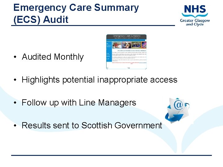 Emergency Care Summary (ECS) Audit • Audited Monthly • Highlights potential inappropriate access •