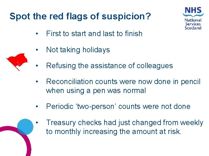 Spot the red flags of suspicion? • First to start and last to finish