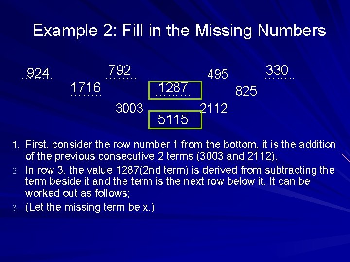 Example 2: Fill in the Missing Numbers 924 ……. . 1716 ……. . 792