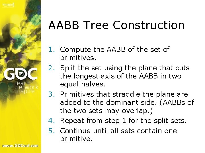 AABB Tree Construction 1. Compute the AABB of the set of primitives. 2. Split