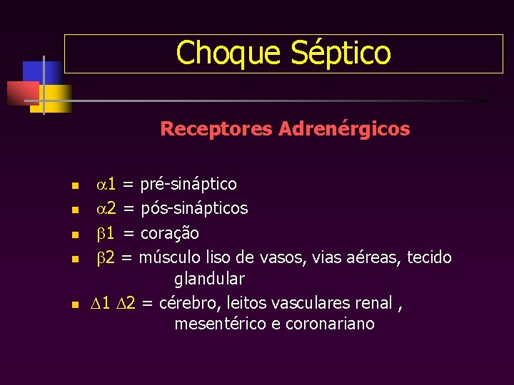 Choque Séptico Receptores Adrenérgicos n n n 1 = pré-sináptico 2 = pós-sinápticos 1