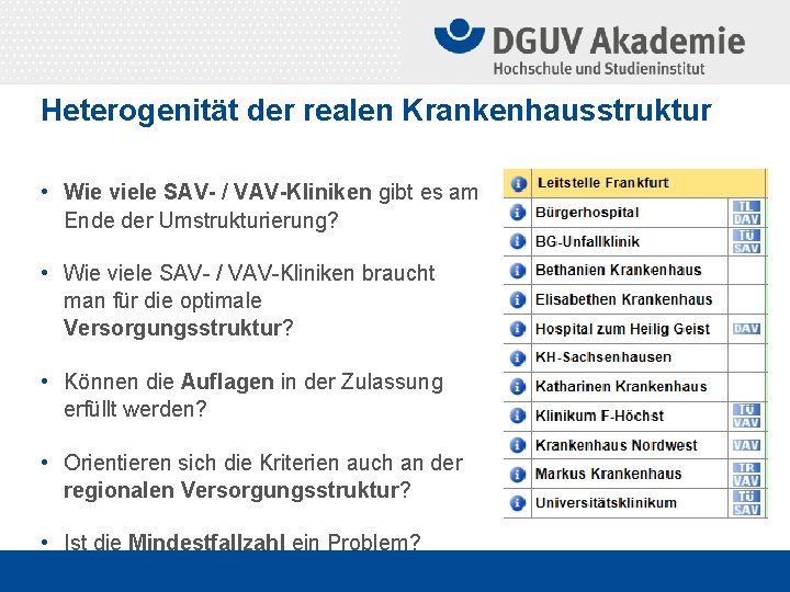 Heterogenität der realen Krankenhausstruktur • Wie viele SAV- / VAV-Kliniken gibt es am Ende