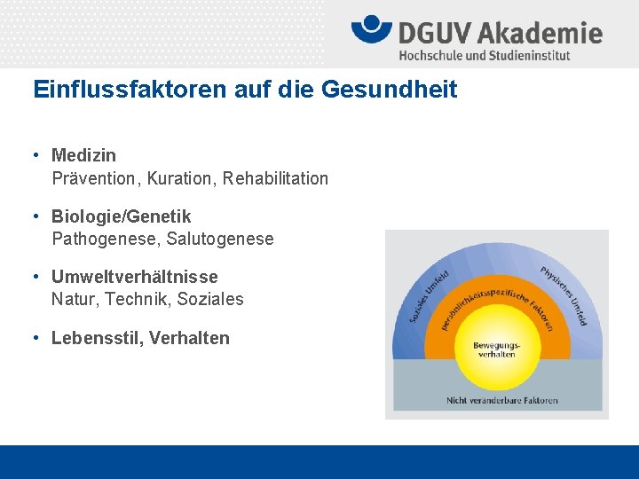 Einflussfaktoren auf die Gesundheit • Medizin Prävention, Kuration, Rehabilitation • Biologie/Genetik Pathogenese, Salutogenese •