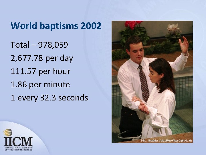 World baptisms 2002 Total – 978, 059 2, 677. 78 per day 111. 57