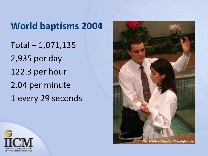 World baptisms 2004 Total – 1, 071, 135 2, 935 per day 122. 3
