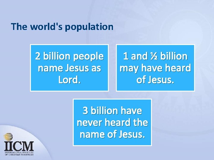 The world's population 2 billion people name Jesus as Lord. 1 and ½ billion