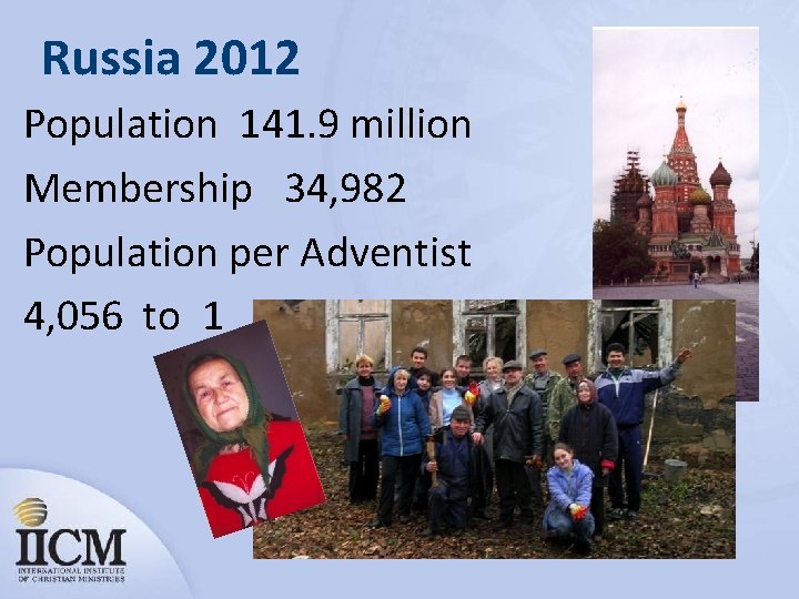 Russia 2012 Population 141. 9 million Membership 34, 982 Population per Adventist 4, 056
