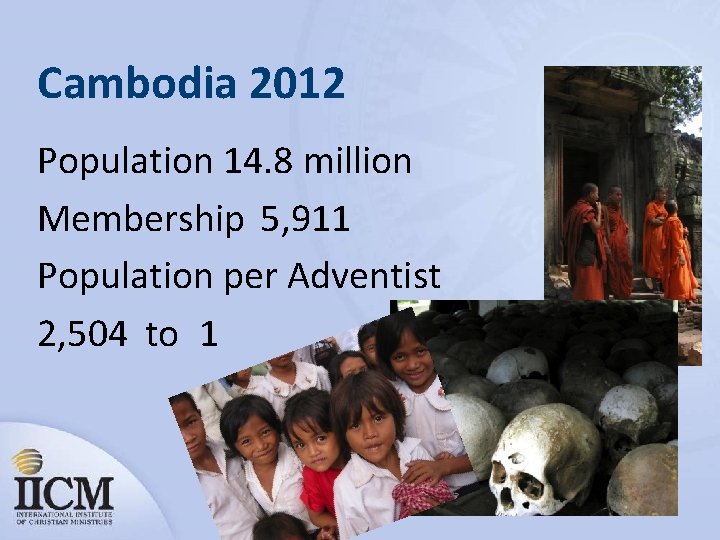 Cambodia 2012 Population 14. 8 million Membership 5, 911 Population per Adventist 2, 504