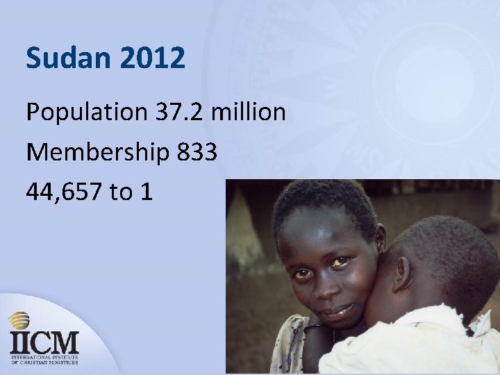 Sudan 2012 Population 37. 2 million Membership 833 44, 657 to 1 