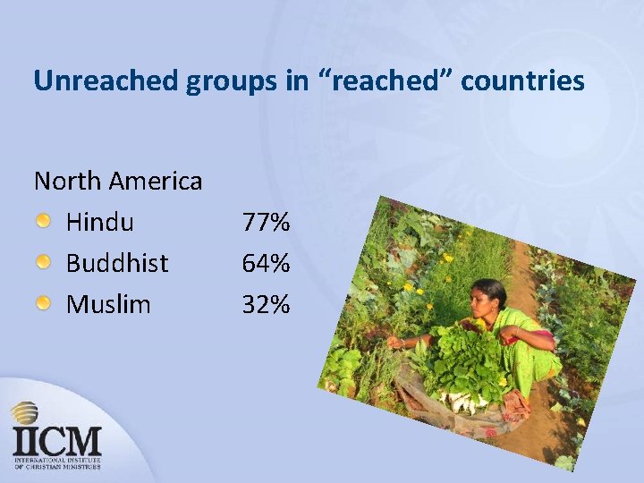 Unreached groups in “reached” countries North America Hindu Buddhist Muslim 77% 64% 32% 
