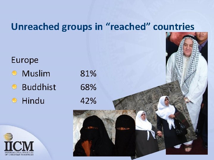 Unreached groups in “reached” countries Europe Muslim Buddhist Hindu 81% 68% 42% 