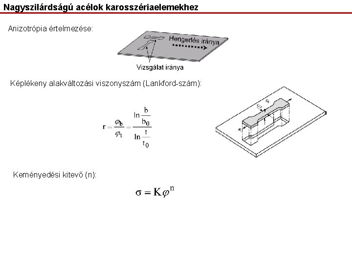 Nagyszilárdságú acélok karosszériaelemekhez Anizotrópia értelmezése: Képlékeny alakváltozási viszonyszám (Lankford-szám): Keményedési kitevő (n): 