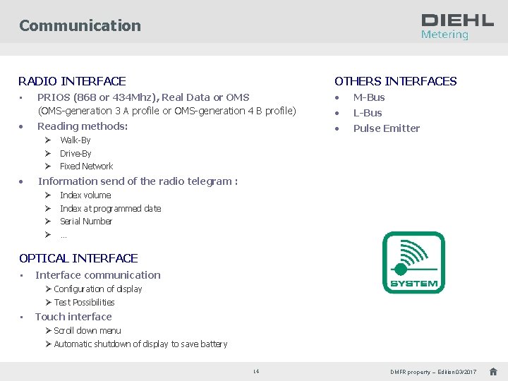 Communication RADIO INTERFACE • • PRIOS (868 or 434 Mhz), Real Data or OMS