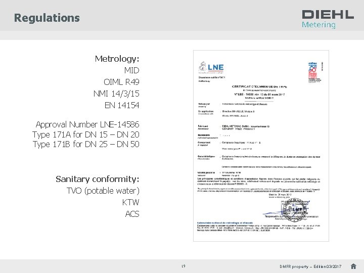 Regulations Metrology: MID OIML R 49 NMI 14/3/15 EN 14154 Approval Number LNE-14586 Type