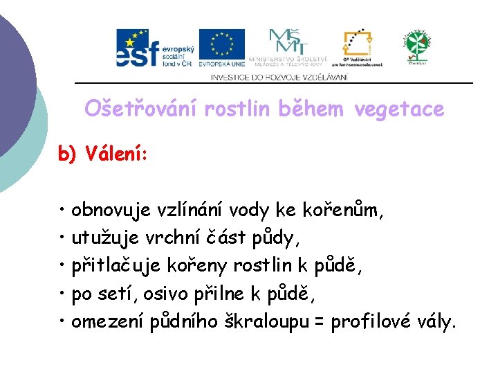 Ošetřování rostlin během vegetace b) Válení: • obnovuje vzlínání vody ke kořenům, • utužuje