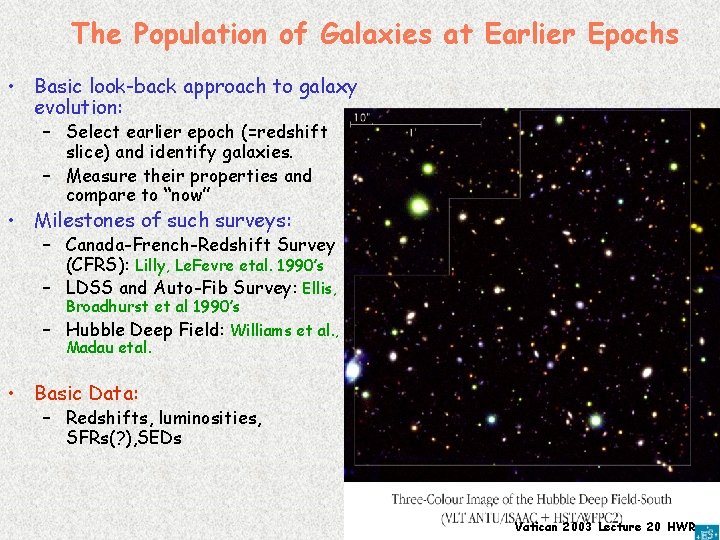 The Population of Galaxies at Earlier Epochs • Basic look-back approach to galaxy evolution: