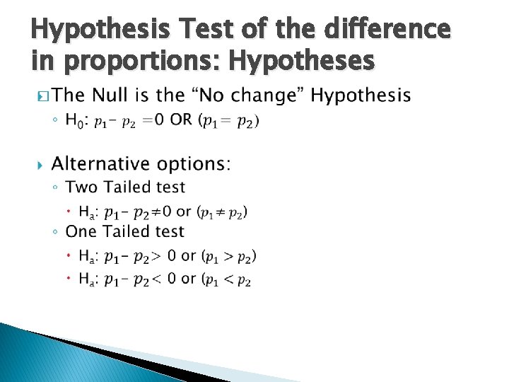 Hypothesis Test of the difference in proportions: Hypotheses � 