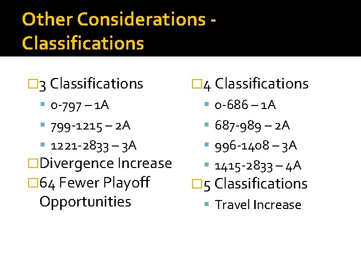 Other Considerations Classifications � 3 Classifications � 4 Classifications 0 -797 – 1 A