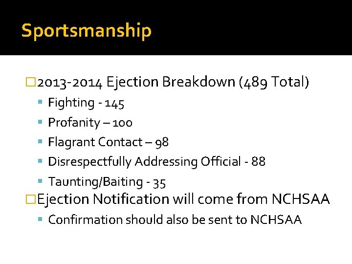 Sportsmanship � 2013 -2014 Ejection Breakdown (489 Total) Fighting - 145 Profanity – 100