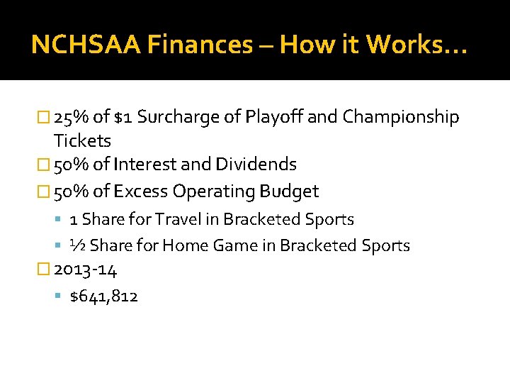 NCHSAA Finances – How it Works… � 25% of $1 Surcharge of Playoff and