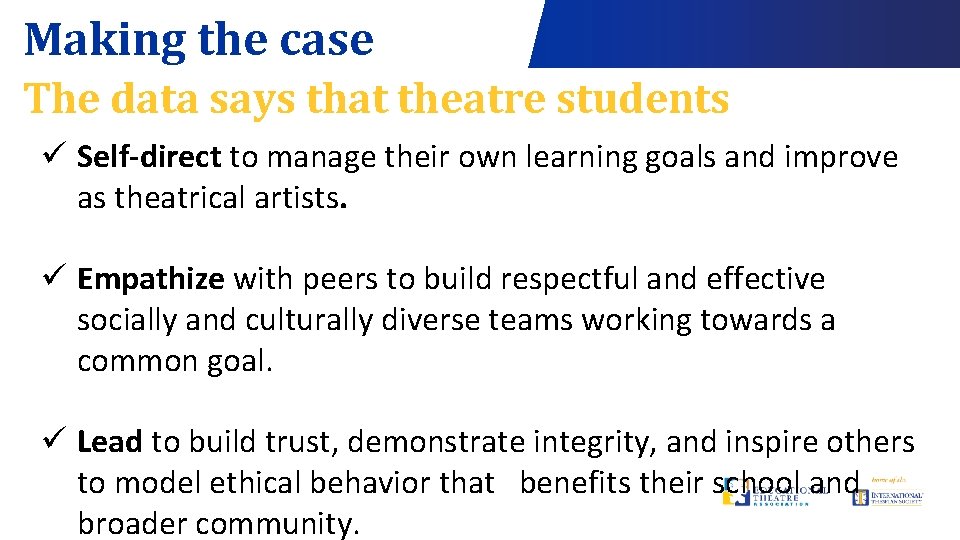 Making the case The data says that theatre students ü Self-direct to manage their